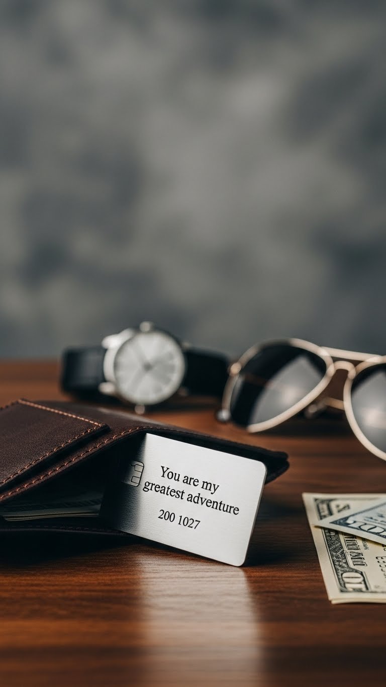 Minimalist personalized metal wallet insert card with engraved message in leather wallet