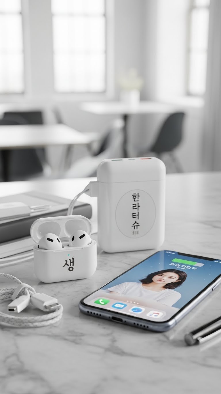 Minimalist personalized tech gadgets with Korean aesthetic including engraved earbuds on marble surface.