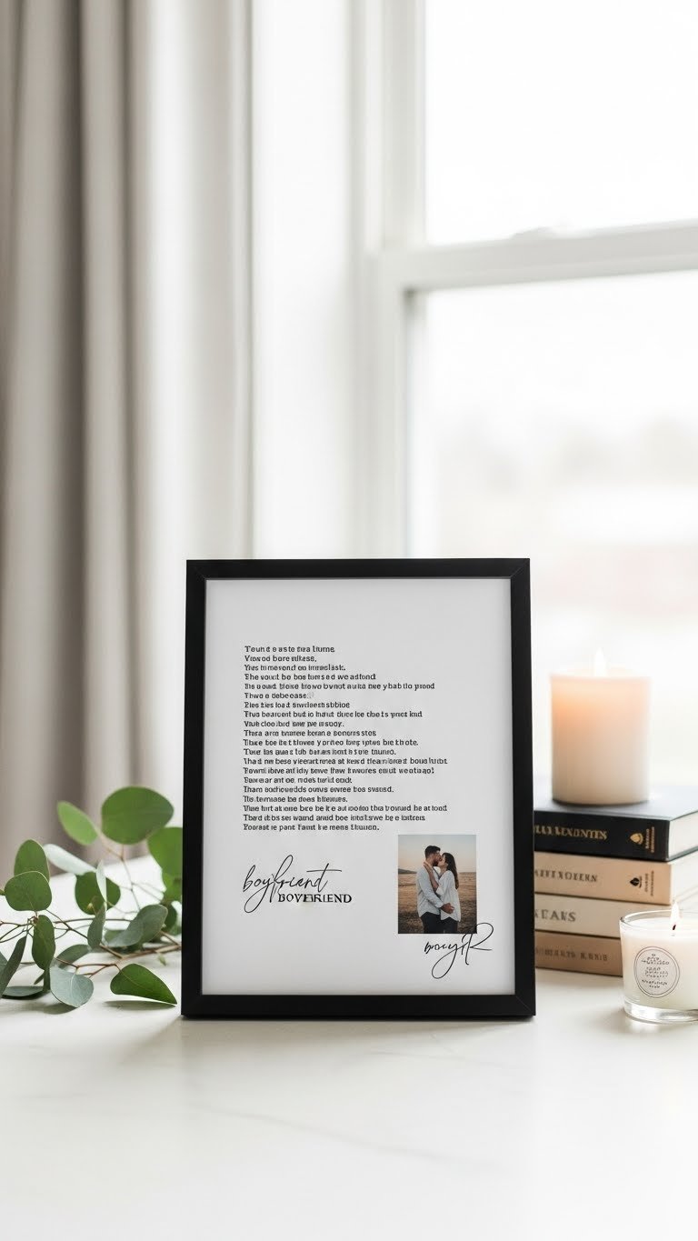 Minimalist picture frame with song lyric art and couple photo on smooth light-colored tabletop
