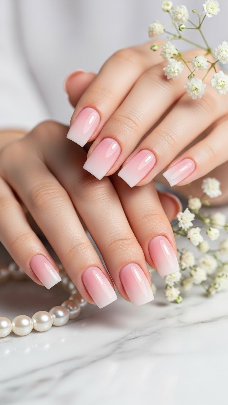 Minimalist pink ombré square nails on marble countertop with delicate pearl bracelet accent
