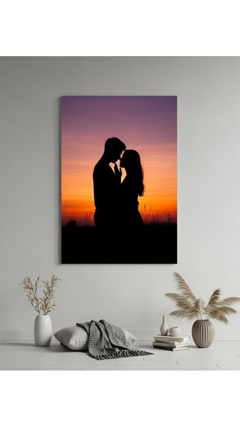 Minimalist silhouette painting canvas of couple against vibrant sunset sky with black outlines and warm tones.