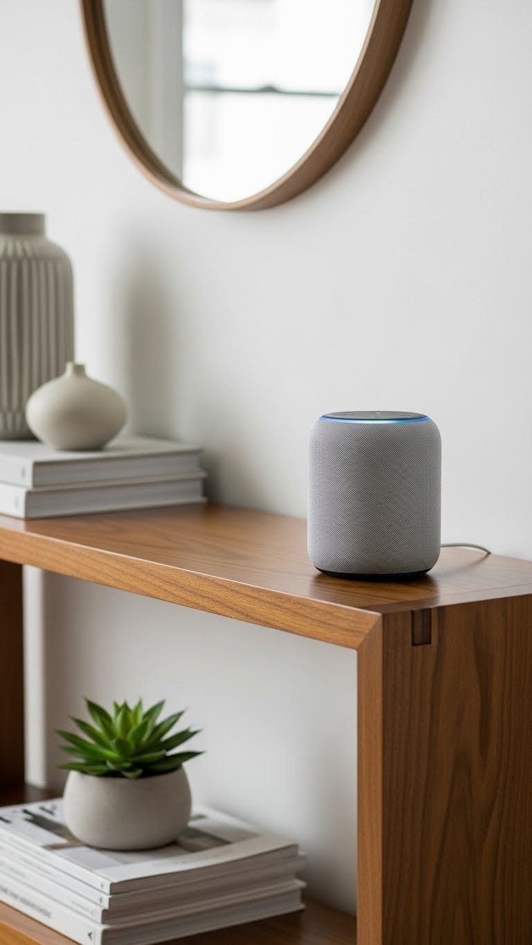 Minimalist smart speaker on polished wooden console table with succulent in modern living room
