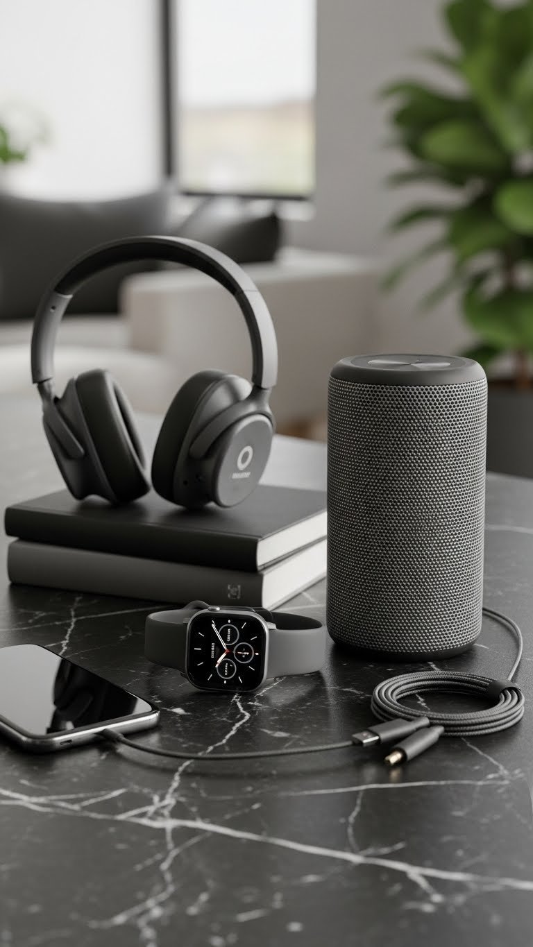 Minimalist smartwatch, noise-canceling headphones, and Bluetooth speaker on dark marble surface
