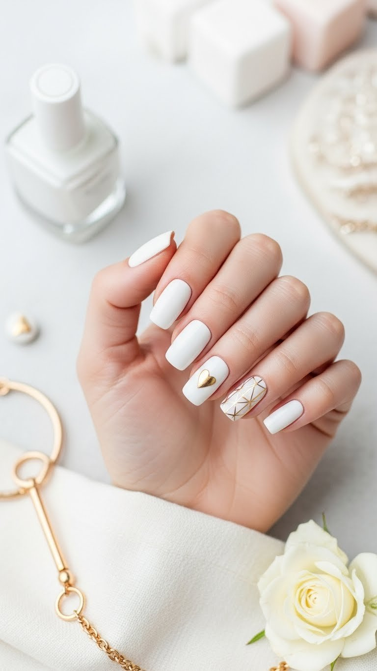 Minimalist white nails with elegant gold geometric heart design and gold bracelet accessory on textured linen cloth