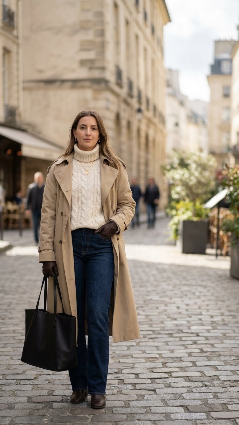 Model in beige trench coat, creamy cable-knit sweater, dark denim on European cobblestone street. Features tote, gloves, gold jewelry.