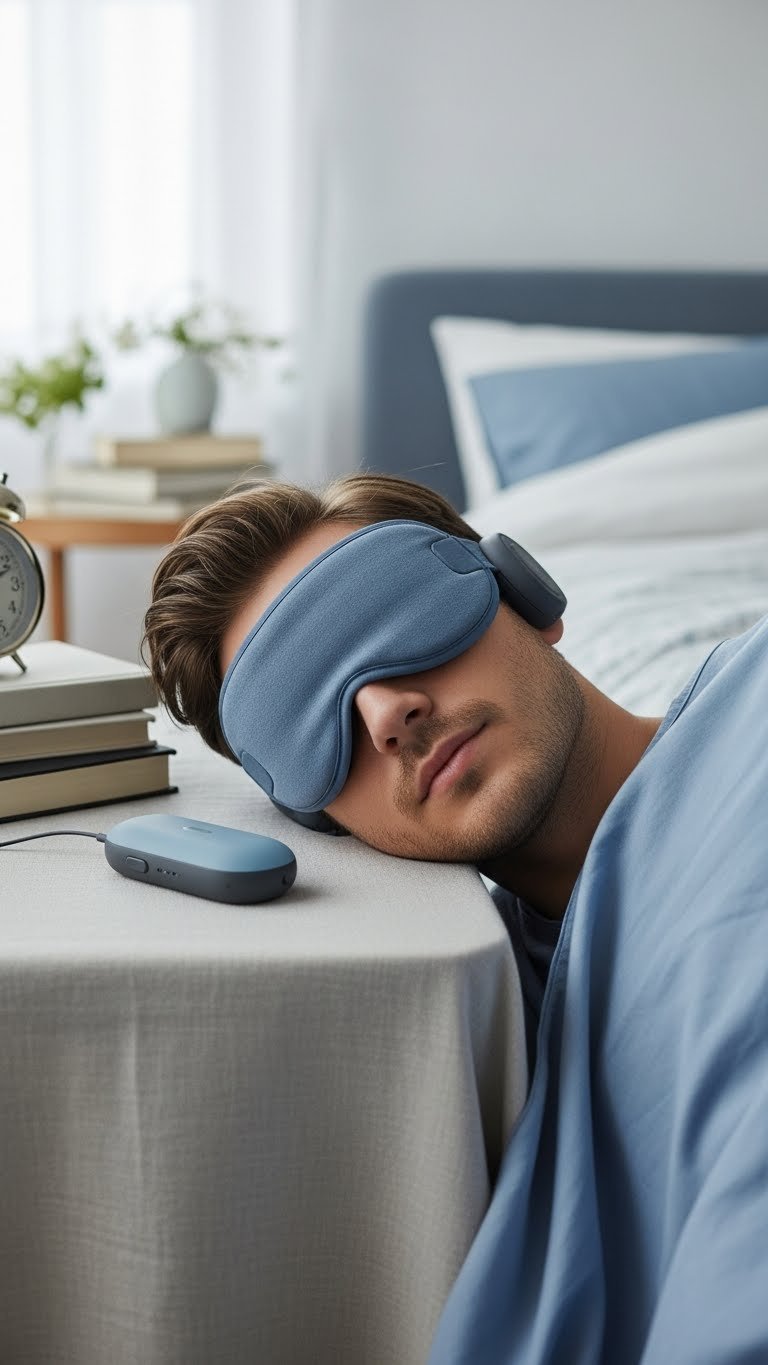 Modern Bluetooth sleep mask worn by resting man in serene bedroom setting with soft natural lighting
