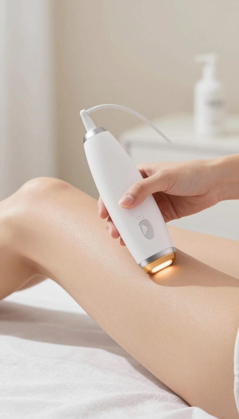 Modern IPL device applied to bikini line showing high-tech hair removal treatment