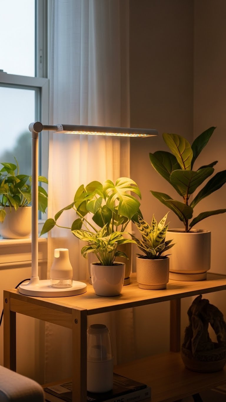 Modern LED grow light kit illuminating thriving indoor houseplants like Monstera and Fiddle Leaf Fig on wooden shelf