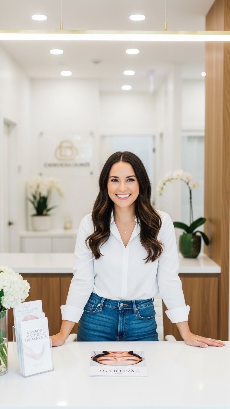 Modern aesthetic clinic reception area with comfortable seating and professional decor for laser treatments
