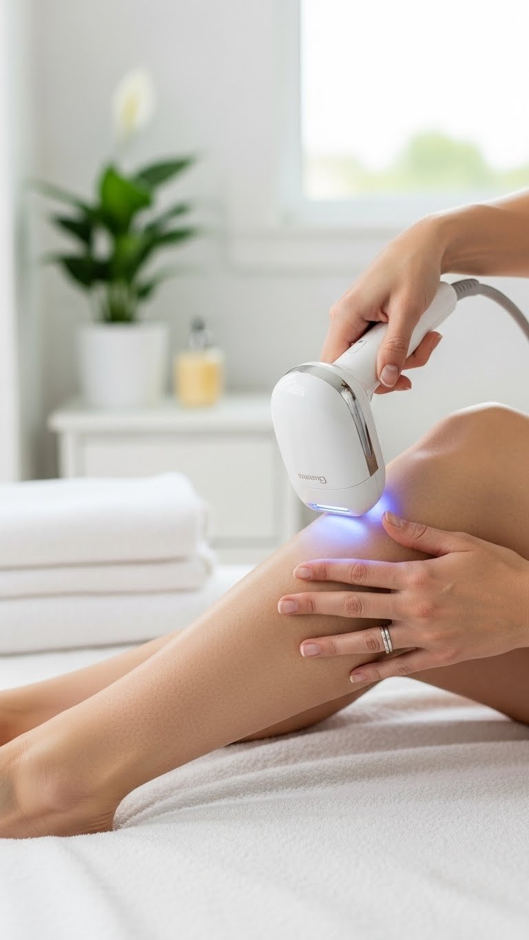 Modern at-home IPL device glowing during hair removal treatment on clean-shaven lower leg in bright home setting