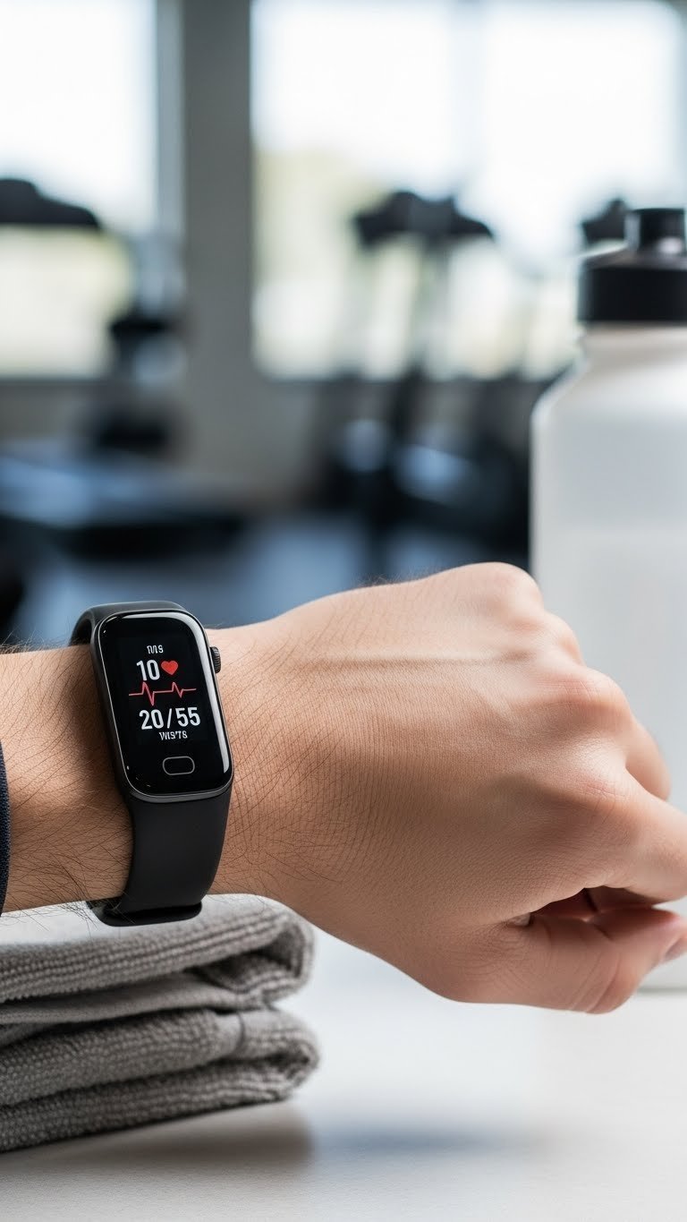 Modern black fitness tracker with illuminated heart rate display worn on male wrist against clean minimalist background