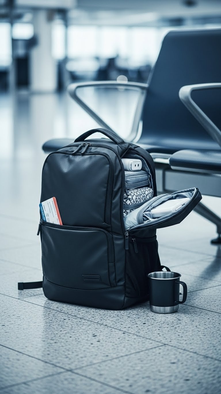 Modern black travel backpack with packing cubes and portable charger organized in airport setting