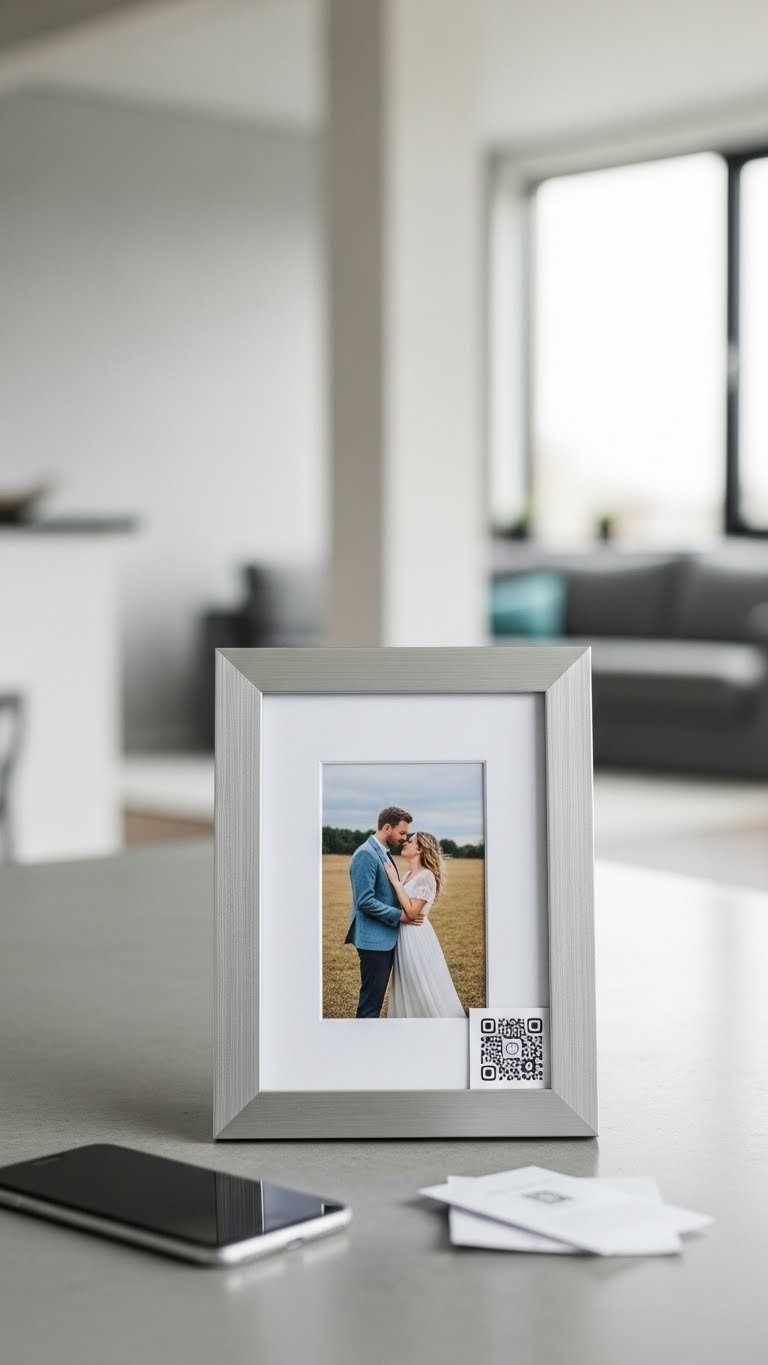 Modern brushed aluminum picture frame with QR code holding couple photo on polished concrete surface