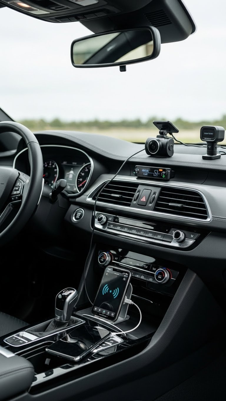 Modern car dashboard featuring mounted dash cam, wireless phone charger, and OBD-II scanner in sleek interior