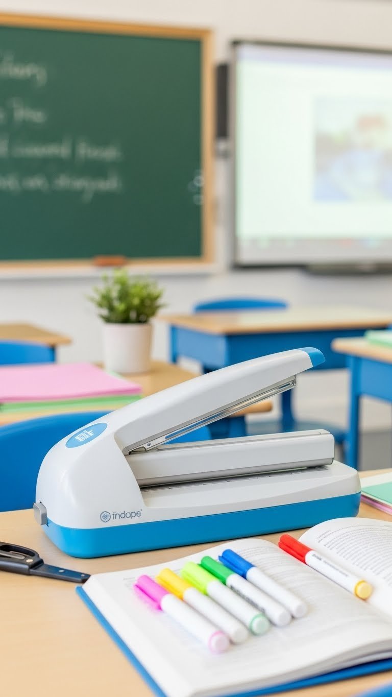 Modern classroom laminator and colorful dry-erase markers organized on clean teacher desk