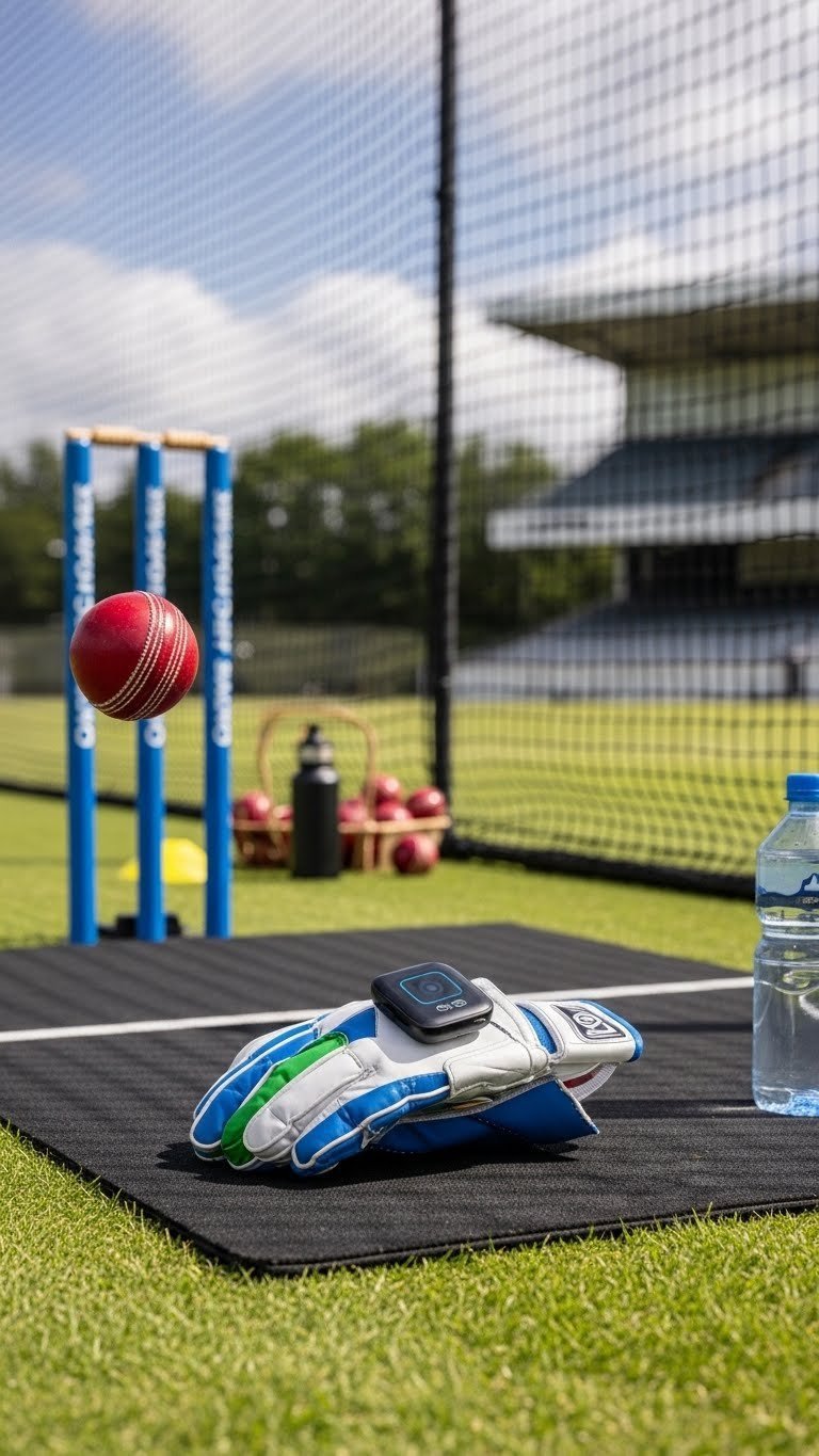 Modern cricket batting practice machine in action on well-maintained practice net with performance tracker