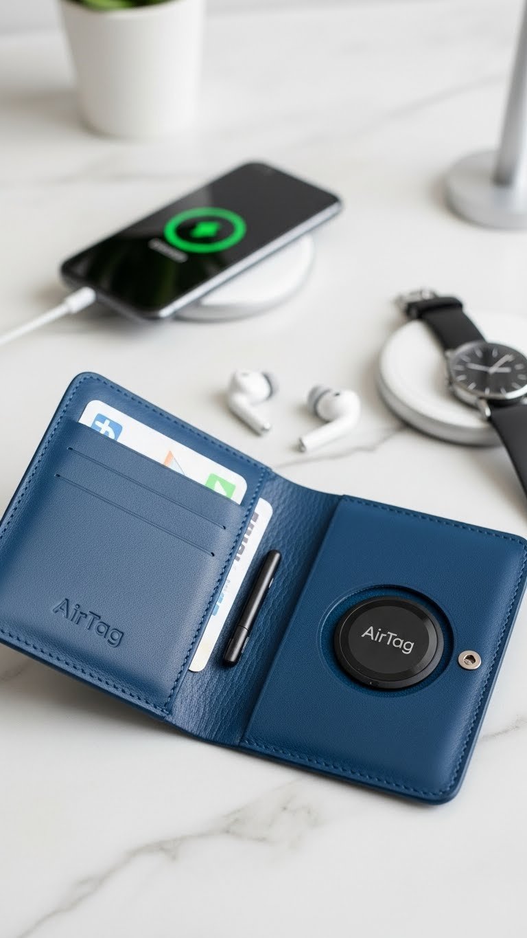 Modern deep blue AirTag compatible leather wallet with flush-fitting Apple tracker on light marble countertop