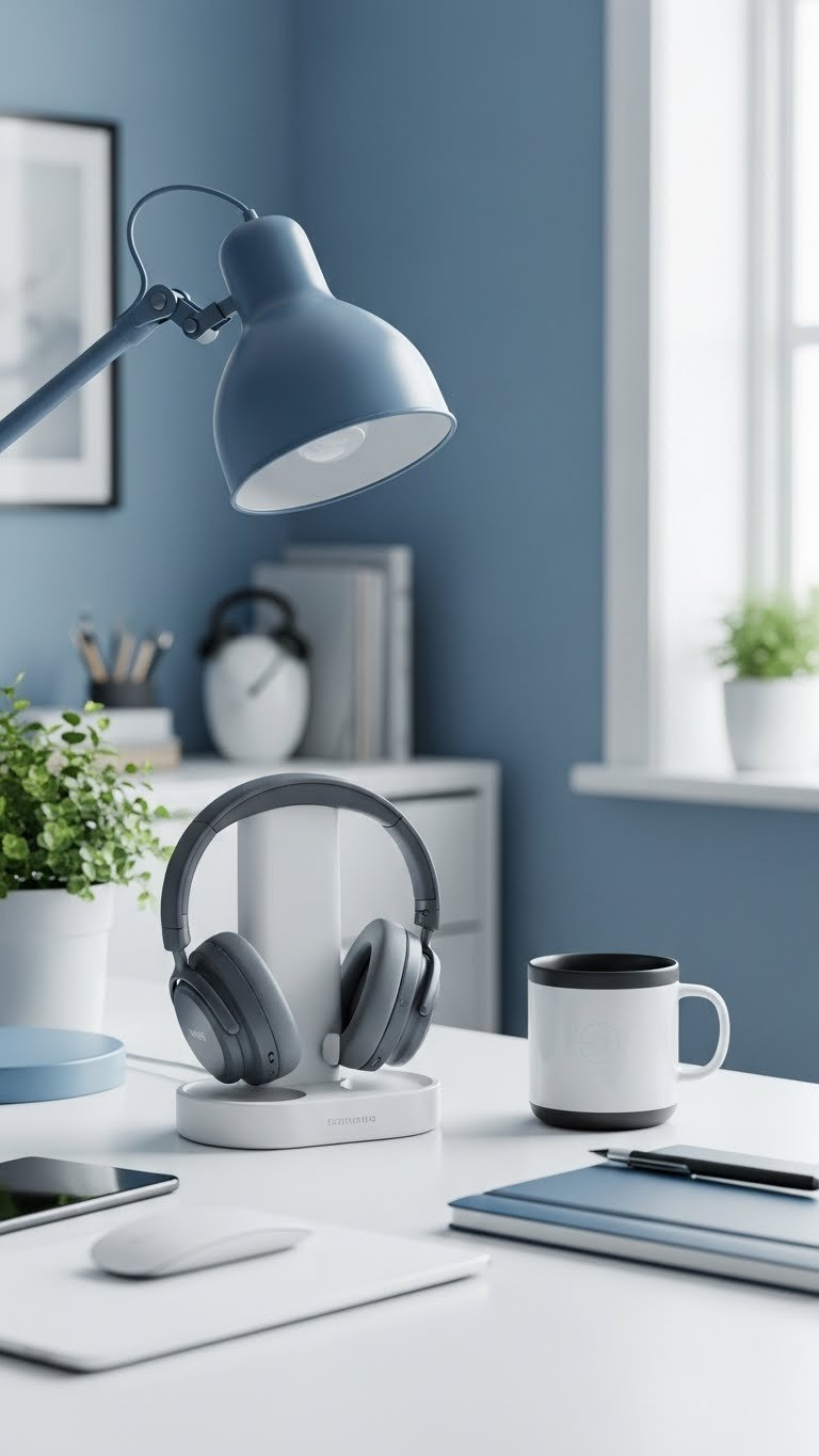 Modern desk setup featuring wireless charging station, noise-canceling headphones, and smart mug on minimalist white desk