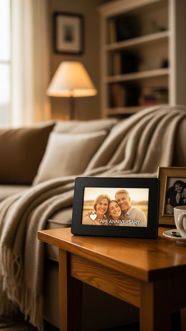 Modern digital photo frame displaying family anniversary photo on wooden side table in cozy living room