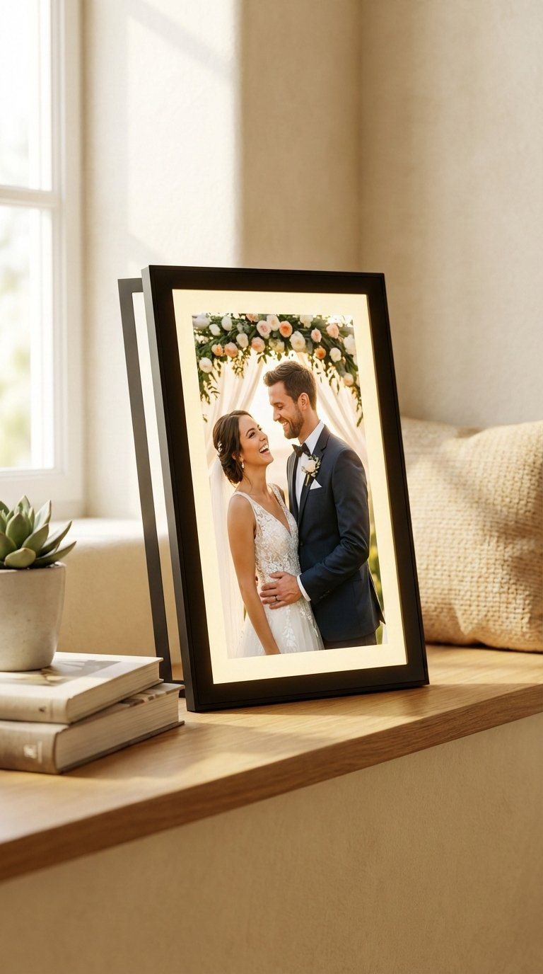 Modern digital photo frame displaying vibrant wedding photo on organized shelf in minimalist living room.