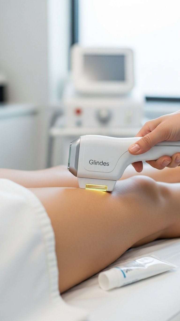 Modern diode laser handpiece gliding smoothly over skin during hair removal treatment in clinical setting