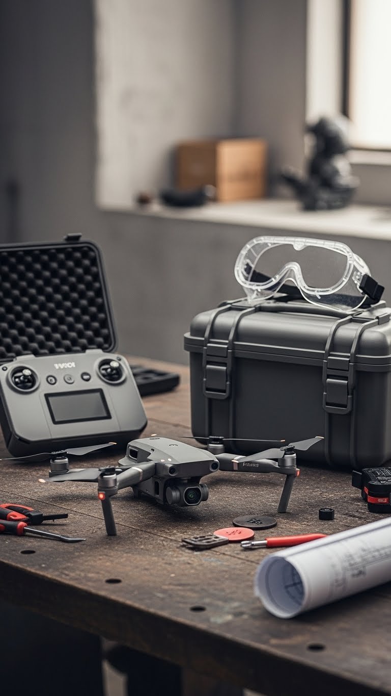 Modern drone with controller and carrying case arranged on textured workbench in creative studio environment