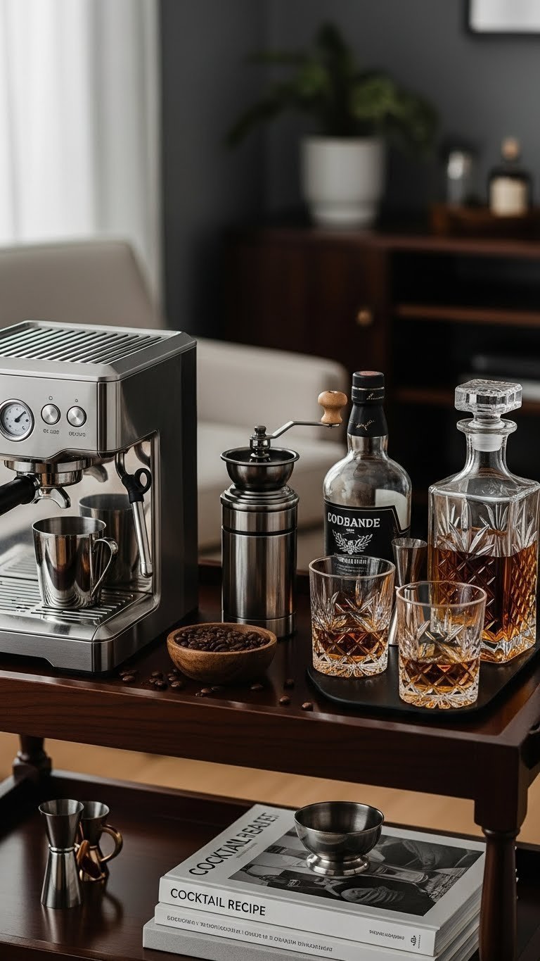 Modern espresso machine and elegant whiskey glasses on dark wooden bar cart for sophisticated beverage setup