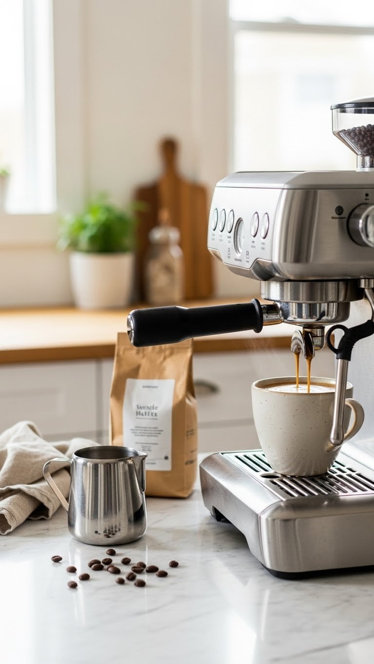 Modern espresso machine brewing dark coffee into ceramic mug with crema visible on marble countertop with coffee beans