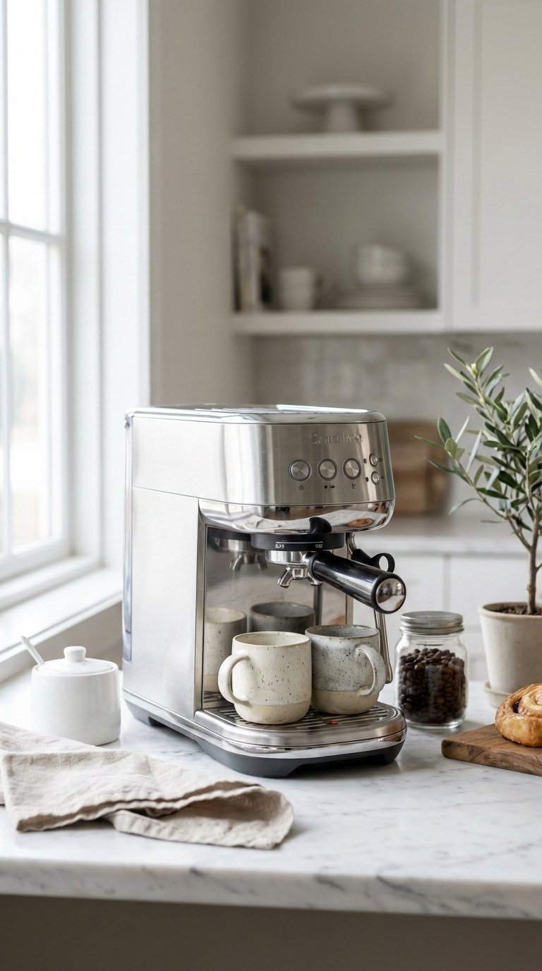 Modern espresso machine with matching ceramic mugs on white marble kitchen counter in morning light