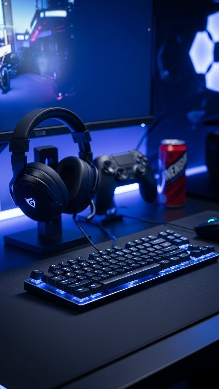 Modern gaming setup gear like mechanical keyboard on dark desk with atmospheric RGB lighting