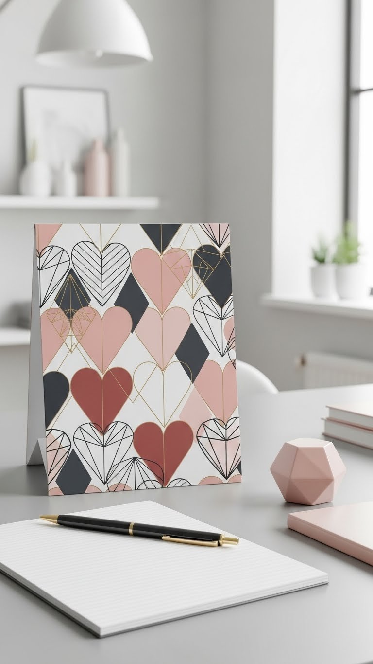 Modern geometric heart patterns wallpaper with interlocking shapes in muted pink and grey contemporary design