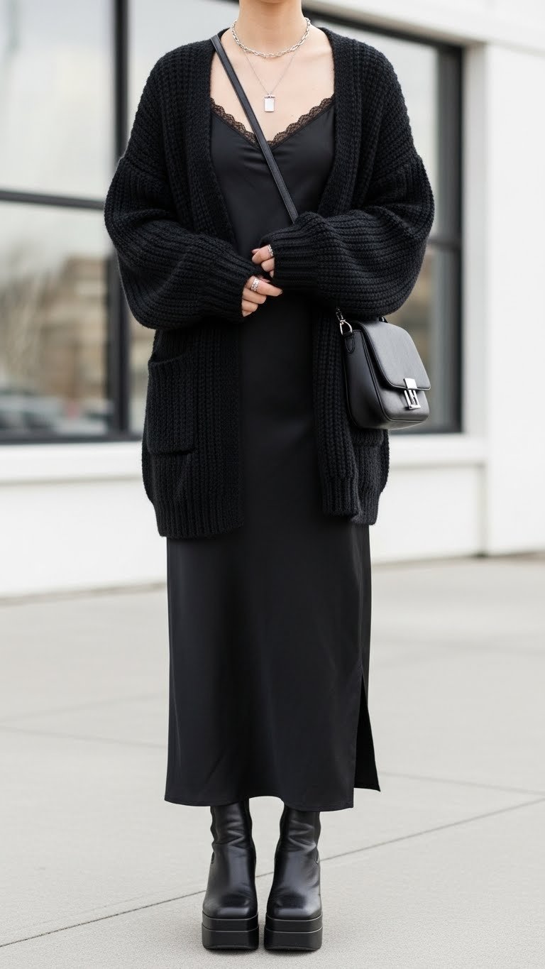 Modern goth minimalist outfit featuring sleek black slip dress with chunky knit cardigan in bright minimalist architectural setting