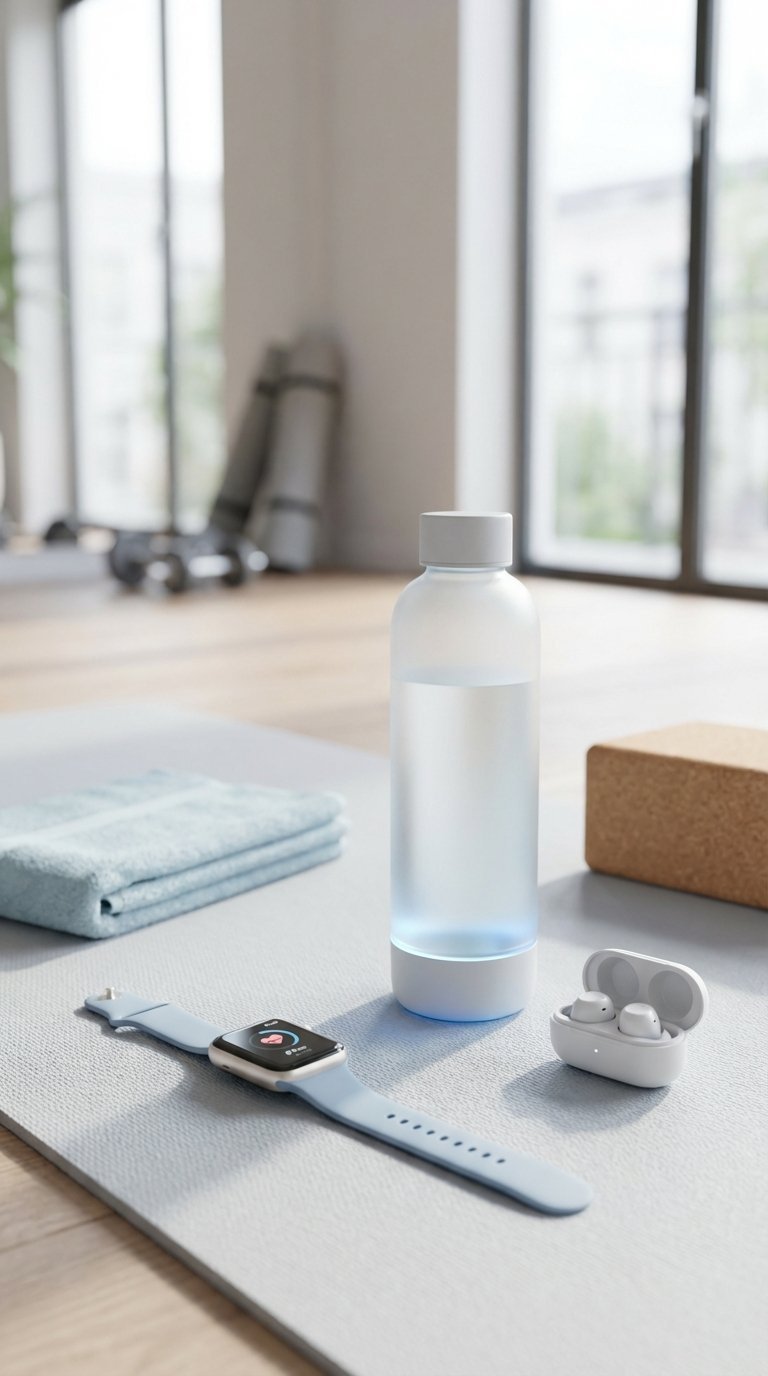 Modern health tech gadgets including smartwatch, smart water bottle, and wireless earbuds on fitness mat