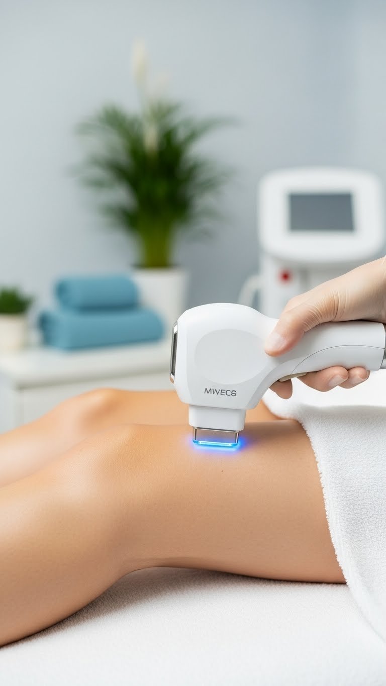 Modern laser hair removal handpiece with cooling tip in action on smooth skin in clinical setting