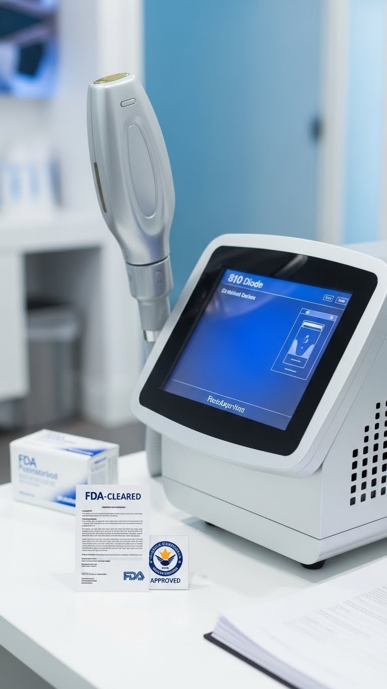 Modern laser machine with approval symbol demonstrating FDA-cleared safety standards for hair removal