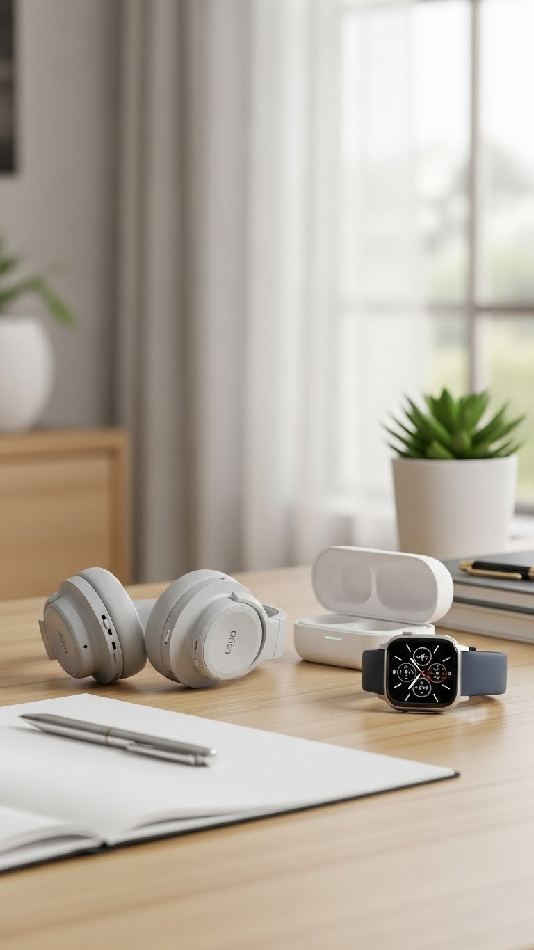 Modern male workspace with wireless headphones and smartwatch on clean wooden desk