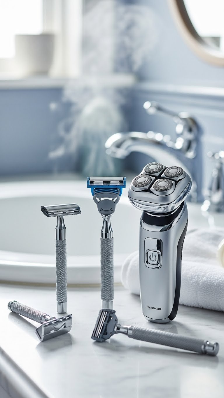 Modern men's shaving razors including safety razor and electric shaver arranged on polished marble countertop with soft bathroom background