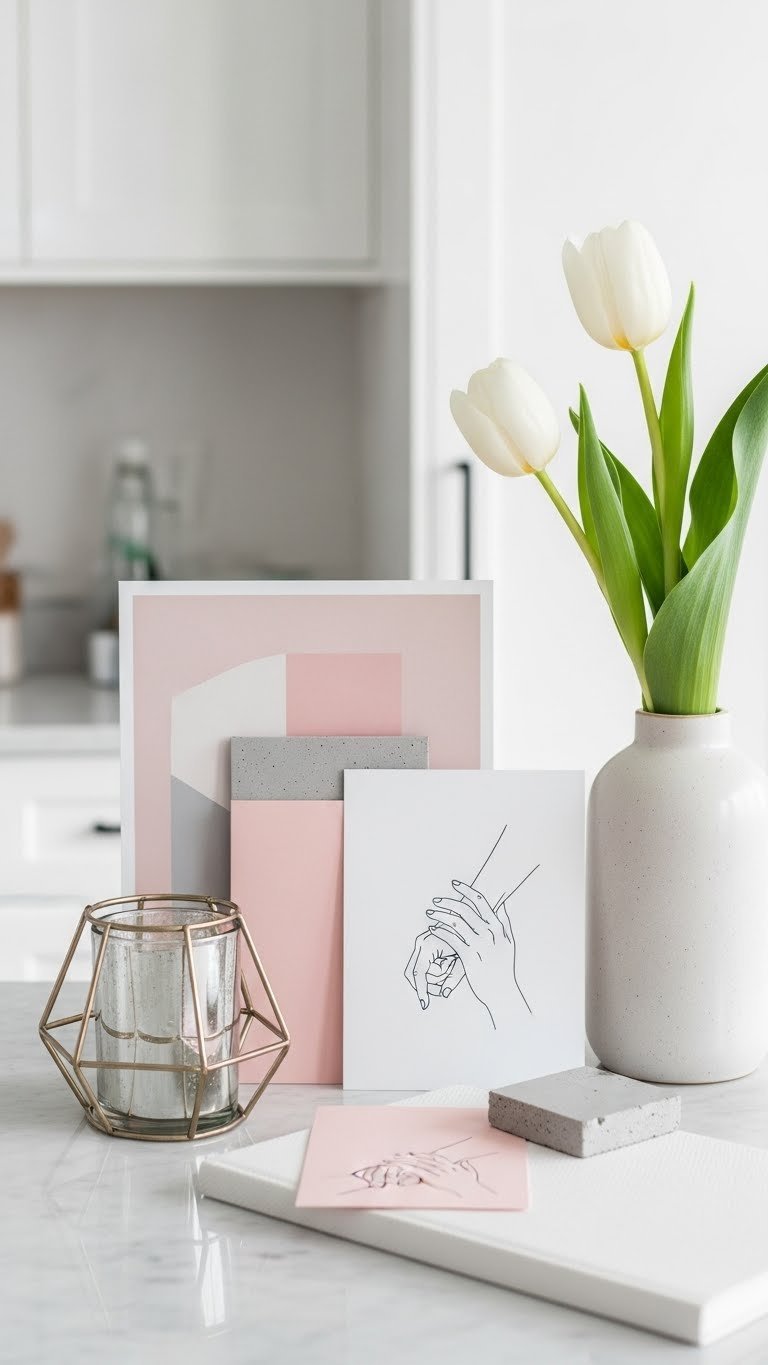 Modern minimalist Valentine's mood board with geometric shapes, line art hands, concrete texture, and pastel pinks on marble countertop.