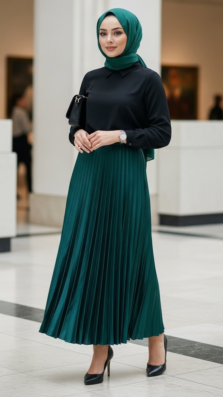Modern modest outfit with pleated skirt and tailored blouse in urban art gallery