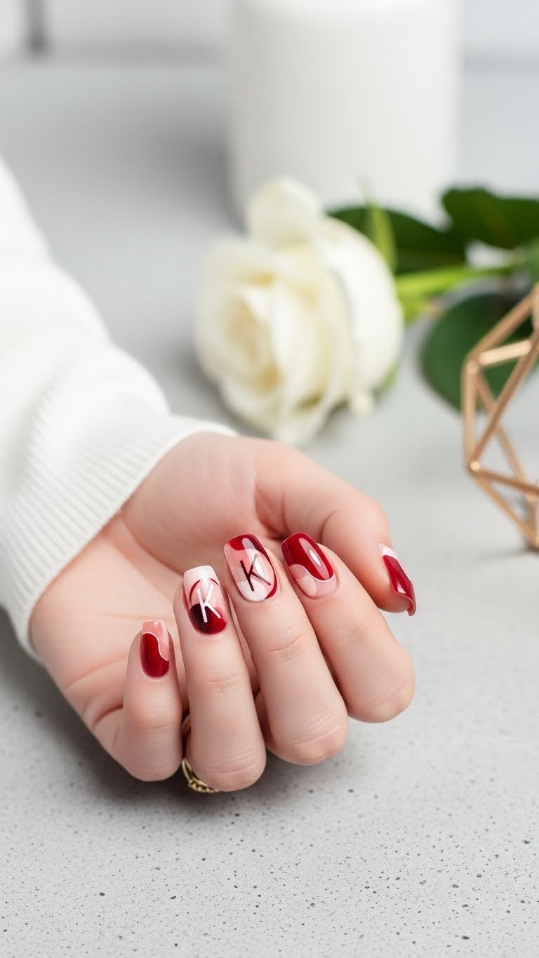 Modern negative space nails with initial K formed by natural nail surrounded by red and pink abstract shapes