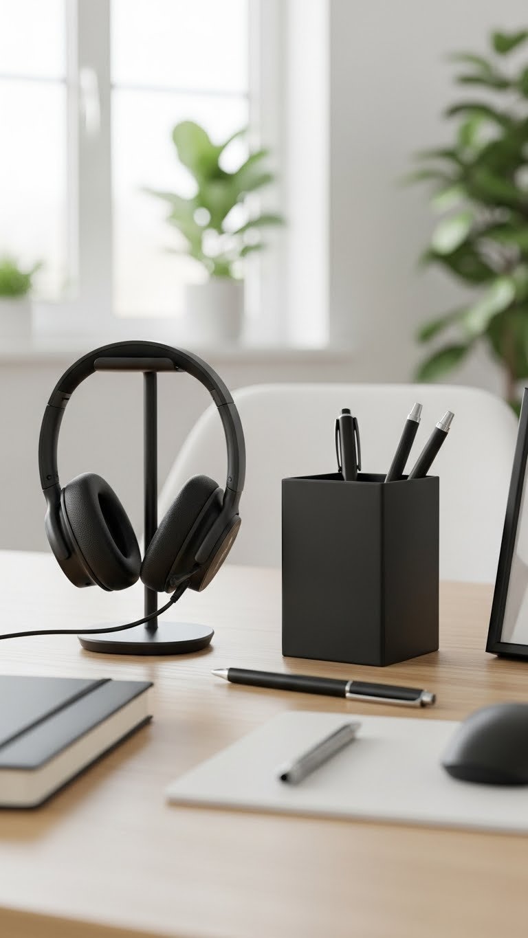 Modern noise-cancelling headset and minimalist desk organizer on clean workspace for productivity tools
