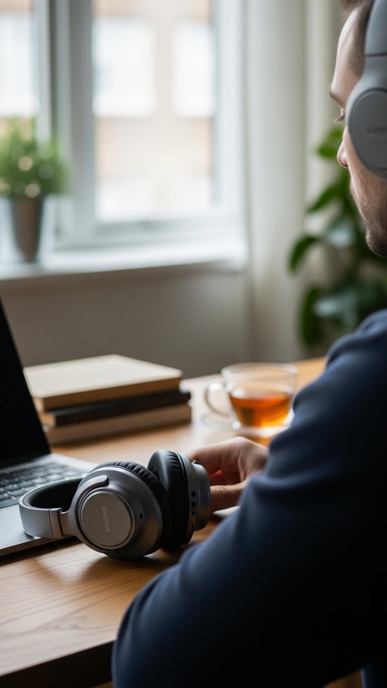 Modern over-ear noise-canceling headphones resting on polished wooden desk in home office setting