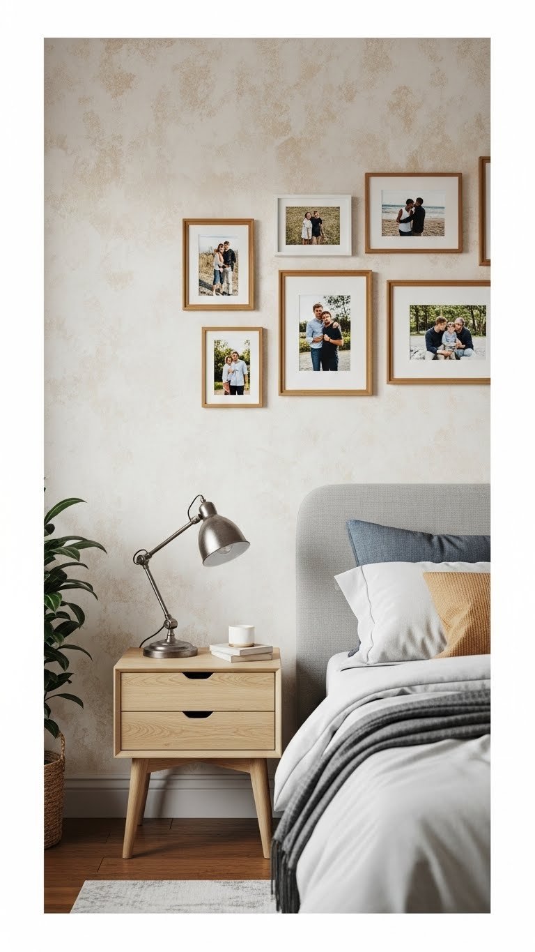 Modern personalized photo gallery wall with diverse frames showcasing memories in a stylish masculine bedroom with warm natural lighting