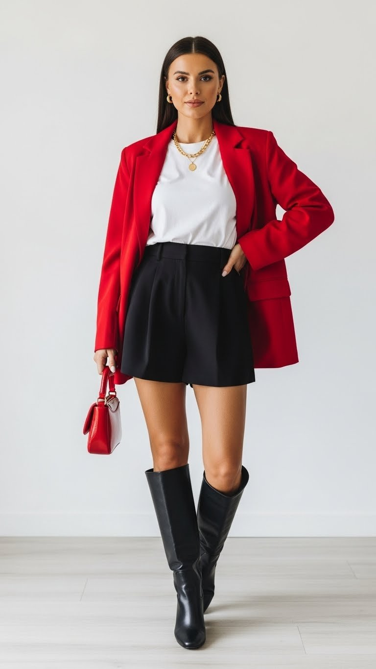 Modern preppy Valentine's outfit with oversized red blazer, black shorts, and knee-high boots in minimalist studio