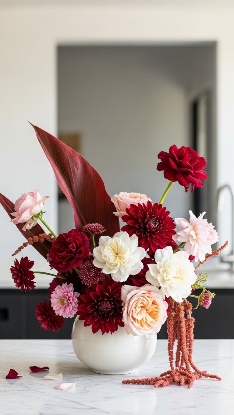 Modern sculptural floral arrangement with oversized blooms in minimalist vase on marble countertop.