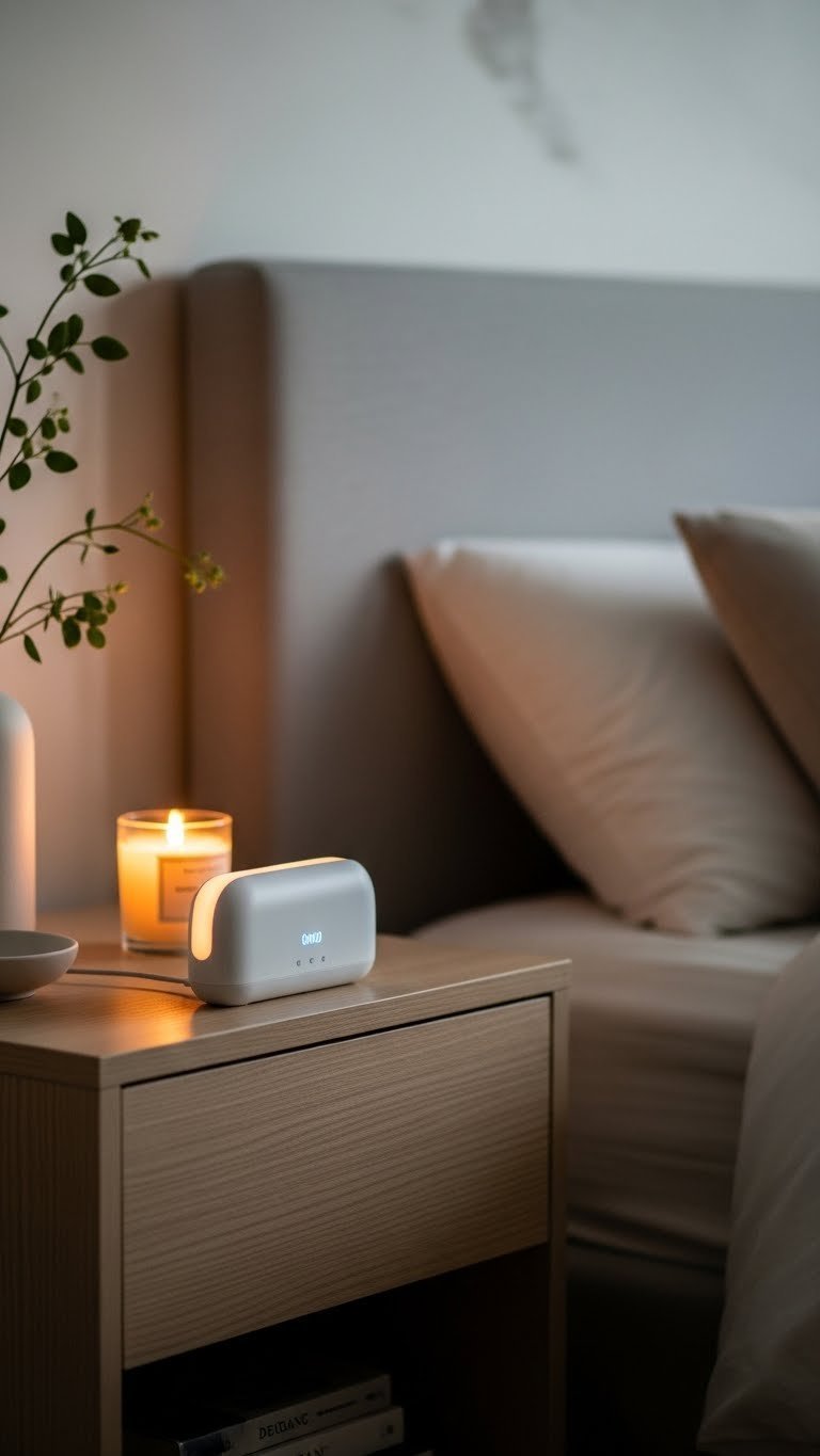 Modern sleep aid device with calming light on minimalist nightstand beside plush bed in serene bedroom at dusk
