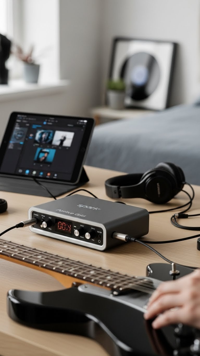 Modern smart guitar amplifier connected to electric guitar on light wooden desk with headphones and tablet app display.