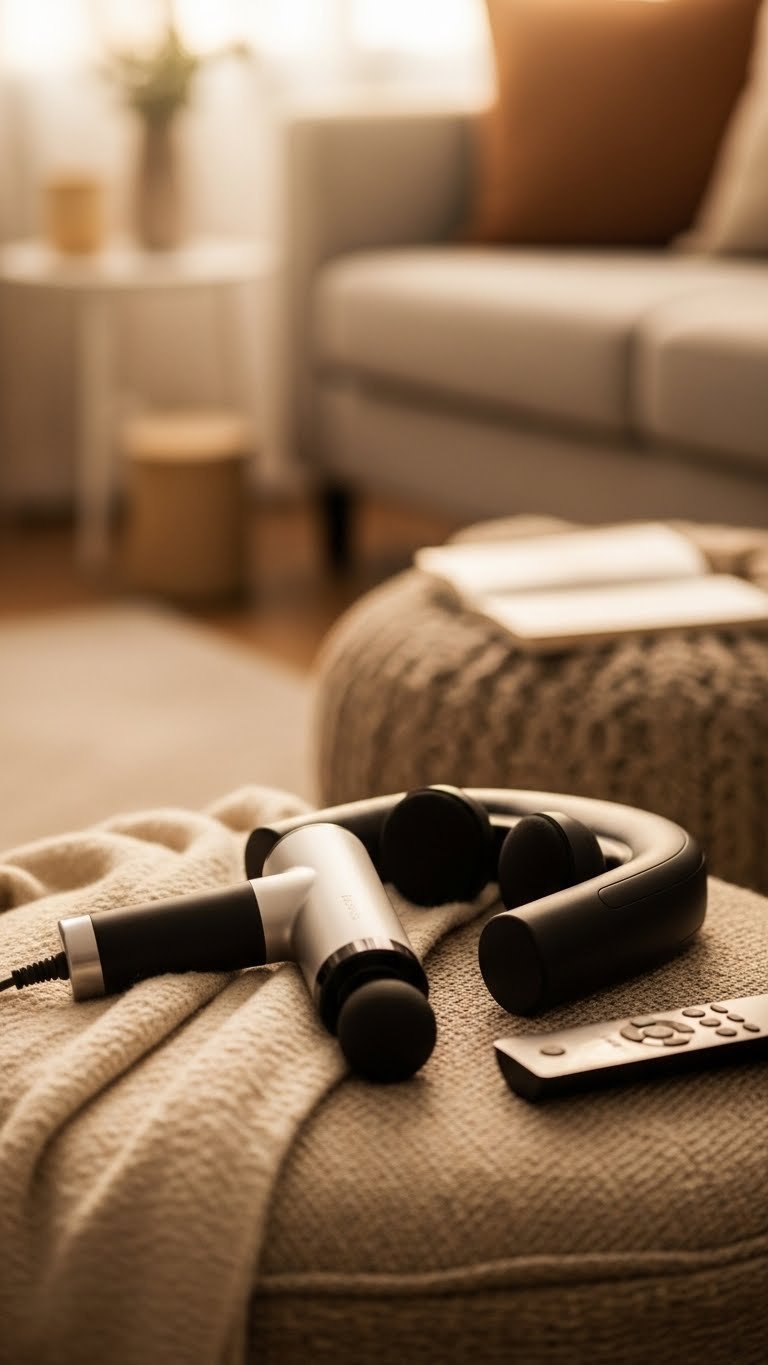 Modern smart massage device resting on plush sofa with cozy blanket in serene living space