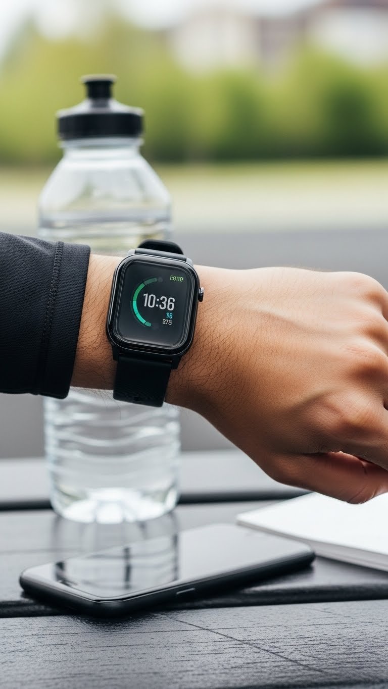 Modern smartwatch on male wrist showing fitness metrics during outdoor activity with water bottle