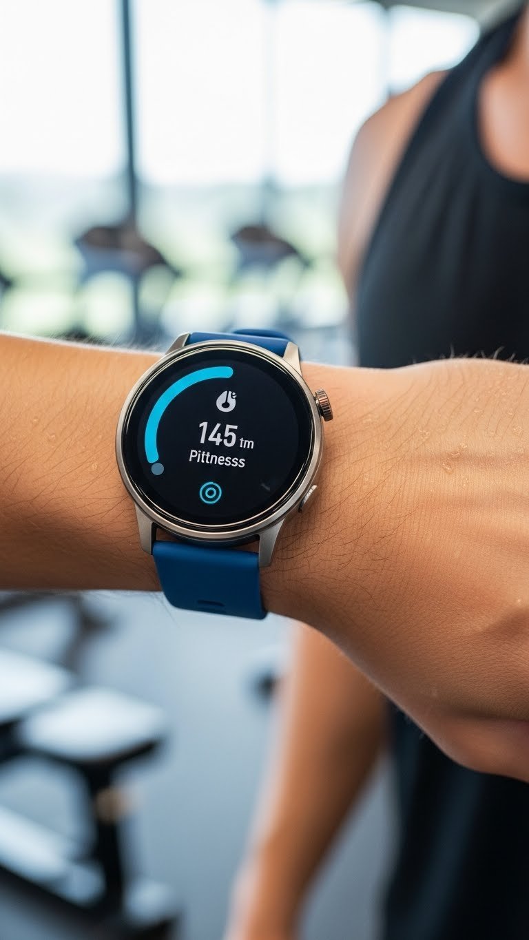 Modern smartwatch on man's wrist displaying fitness tracking screen against blurred gym interior background